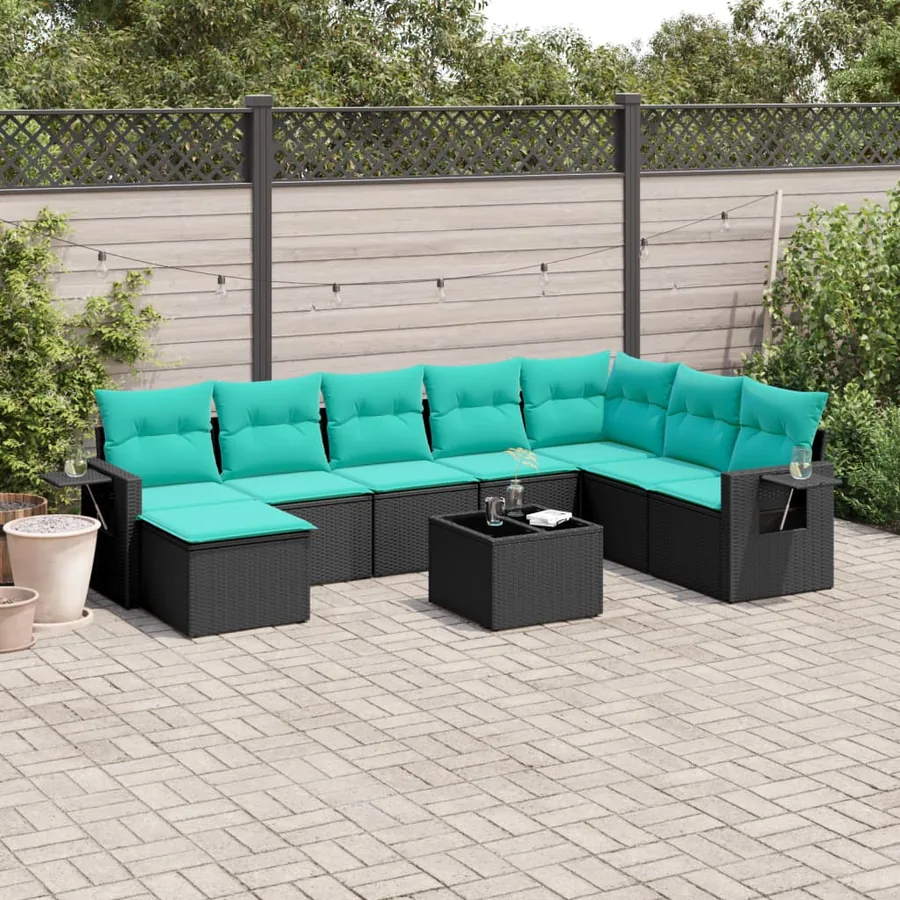 Ensemble de canapé de jardin 9 pcs avec coussins noir résine tressée
