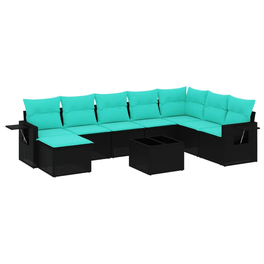 Ensemble de canapé de jardin 9 pcs avec coussins noir résine tressée - 2