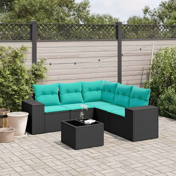 Ensemble de canapé de jardin 6 pcs avec coussins noir résine tressée