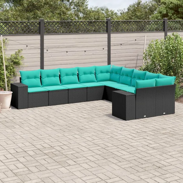 Salon de jardin 10 pcs avec coussins noir résine tressée