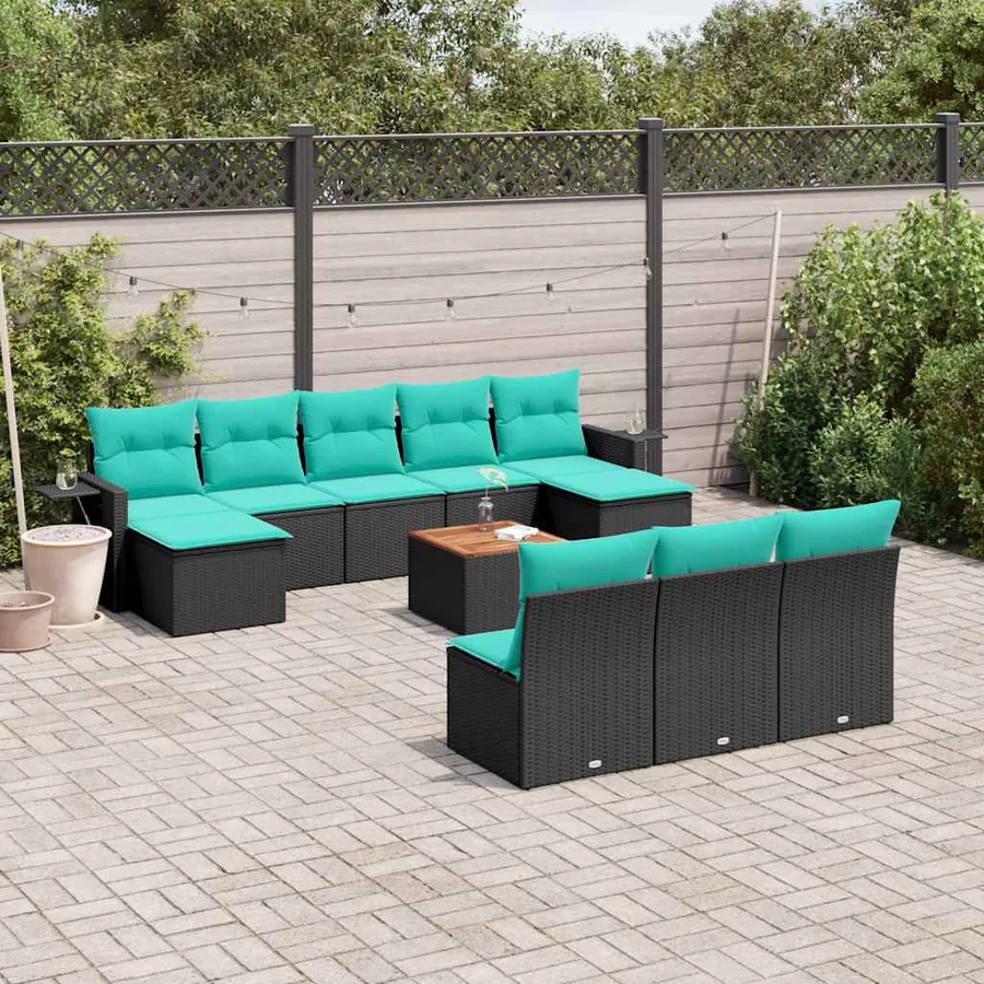 Ensemble de canapé de jardin 11 pcs avec coussins noir résine tressée
