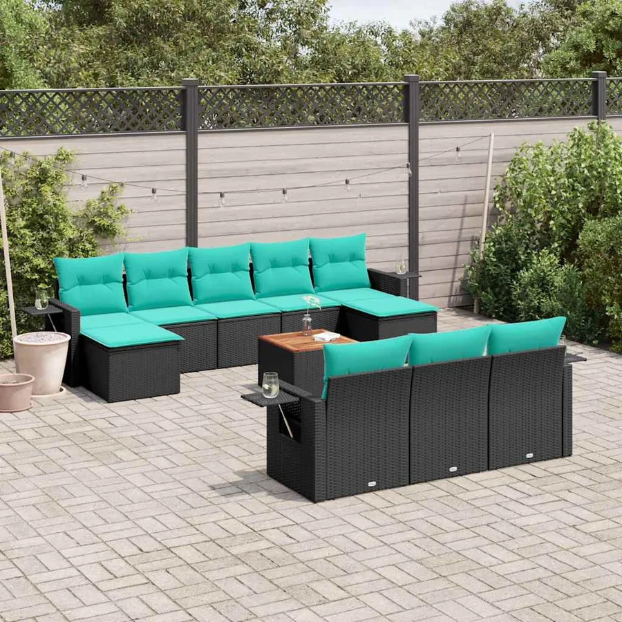 Ensemble de canapé de jardin 11 pcs avec coussins noir résine tressée