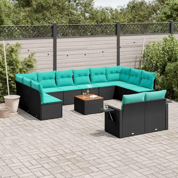 Ensemble de canapé de jardin 13 pcs avec coussins noir résine tressée