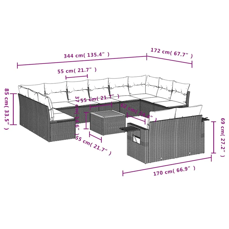 Ensemble de canapé de jardin 13 pcs avec coussins noir résine tressée - 9
