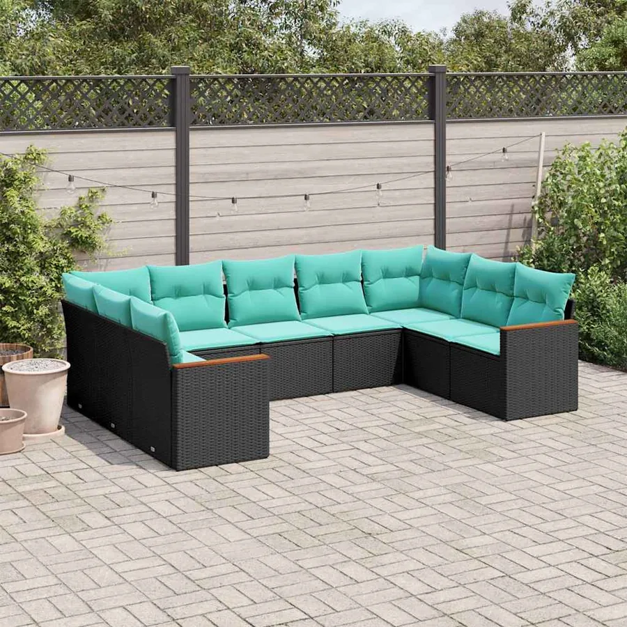 Salon de jardin 9 pcs avec coussins noir résine tressée