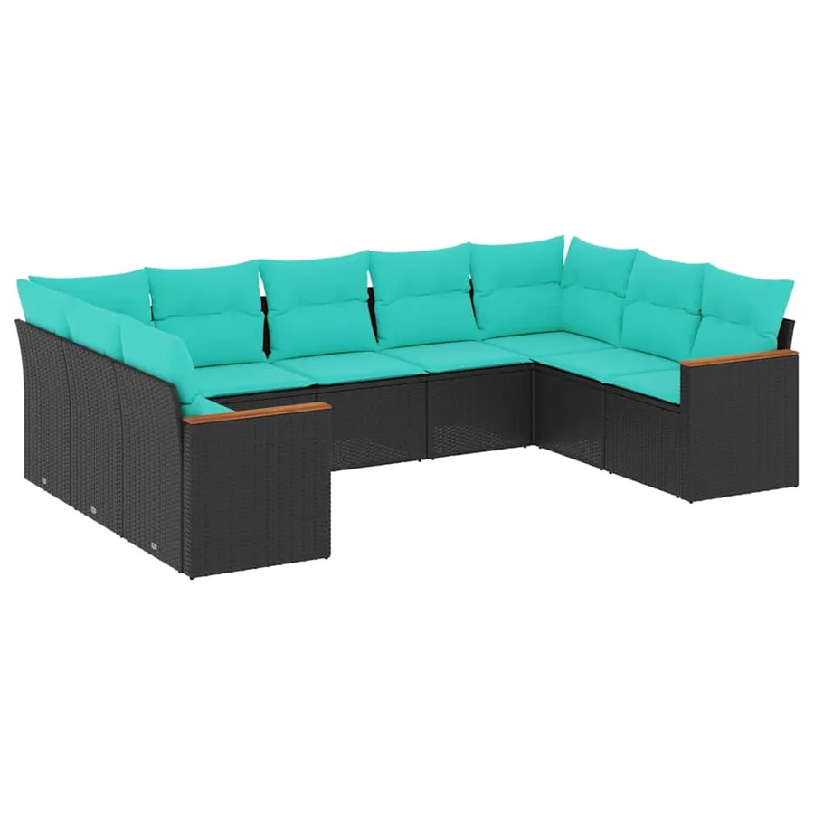 Salon de jardin 9 pcs avec coussins noir résine tressée - 2