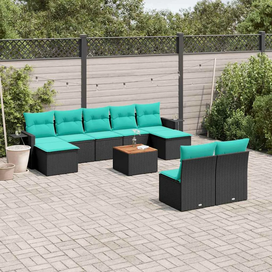 Ensemble de canapé de jardin 10 pcs avec coussins noir résine tressée