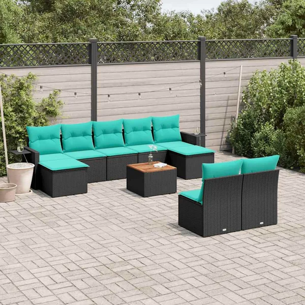 Ensemble de canapé de jardin 10 pcs avec coussins noir résine tressée