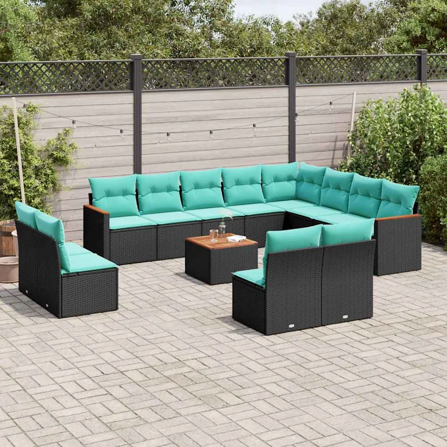 Ensemble de canapé de jardin 13 pcs avec coussins noir résine tressée