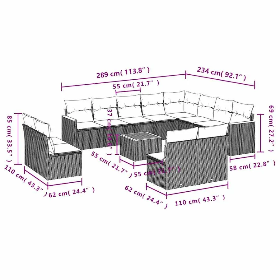 Ensemble de canapé de jardin 13 pcs avec coussins noir résine tressée - 8
