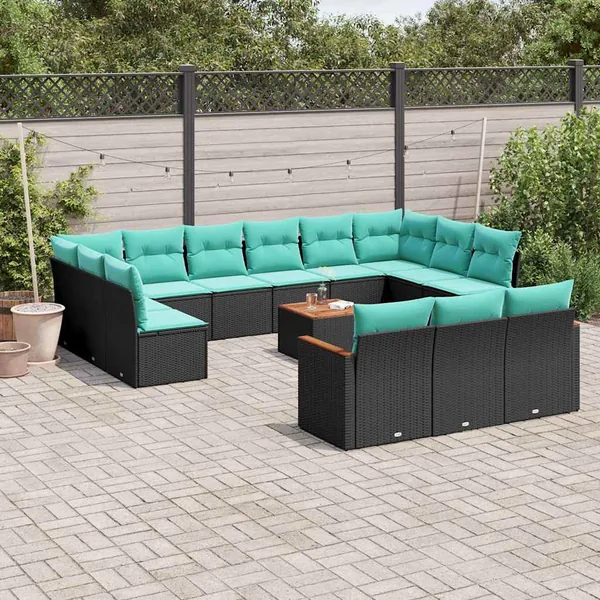 Ensemble de canapé de jardin 14 pcs avec coussins noir résine tressée