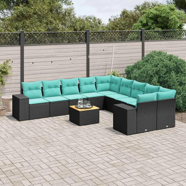 Ensemble de canapé de jardin 11 pcs avec coussins noir résine tressée