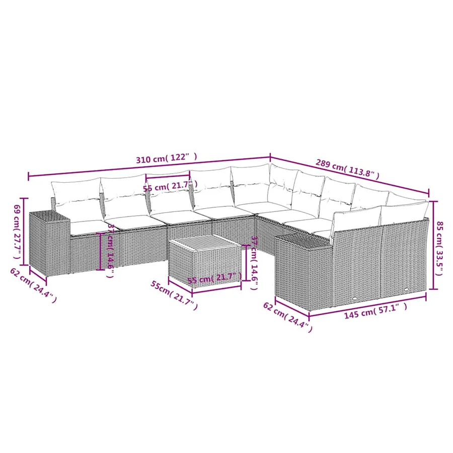 Ensemble de canapé de jardin 11 pcs avec coussins noir résine tressée - 8