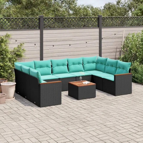 Ensemble de canapé de jardin 10 pcs avec coussins noir résine tressée