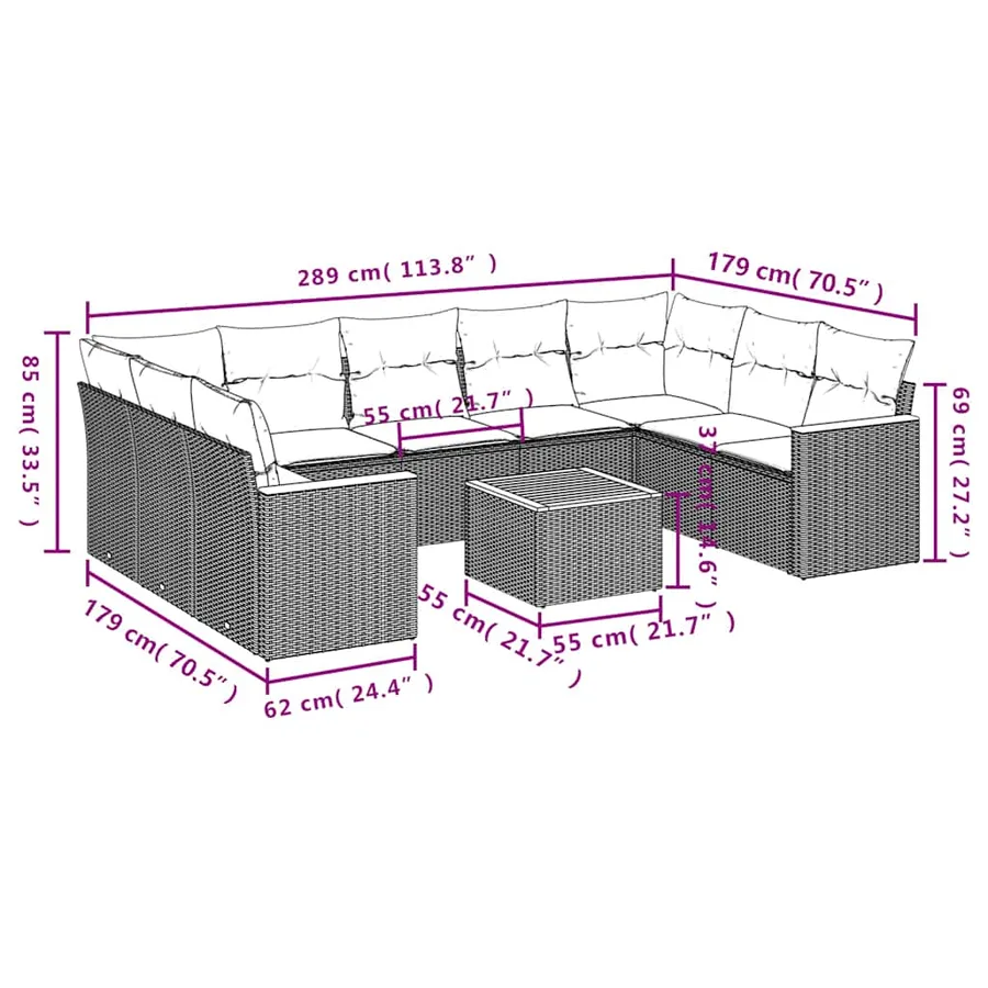 Ensemble de canapé de jardin 10 pcs avec coussins noir résine tressée - 8