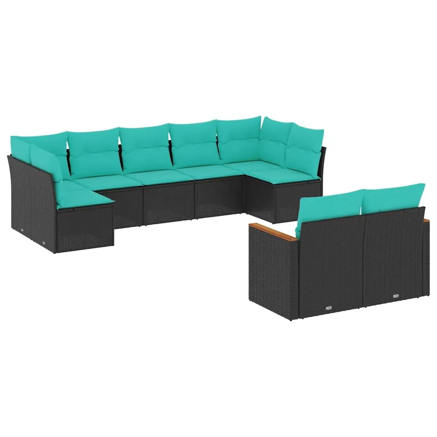 Salon de jardin 9 pcs avec coussins noir résine tressée - 2