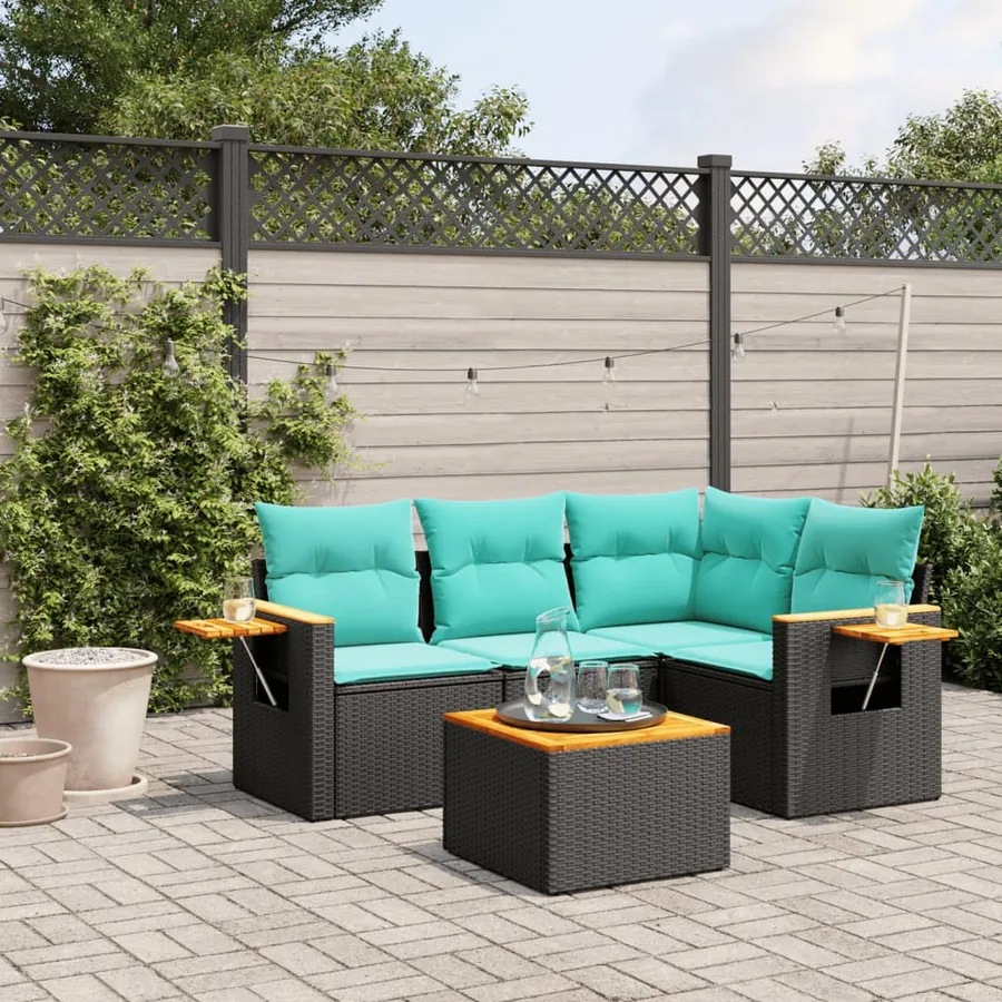 Salon de jardin 5 pcs avec coussins noir résine tressée
