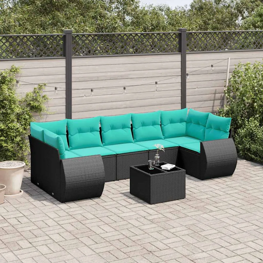 Ensemble de canapé de jardin 8 pcs avec coussins noir résine tressée