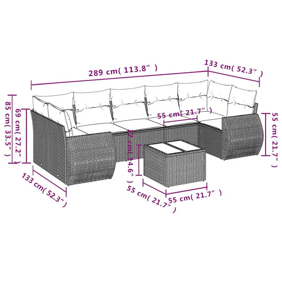 Ensemble de canapé de jardin 8 pcs avec coussins noir résine tressée - 8