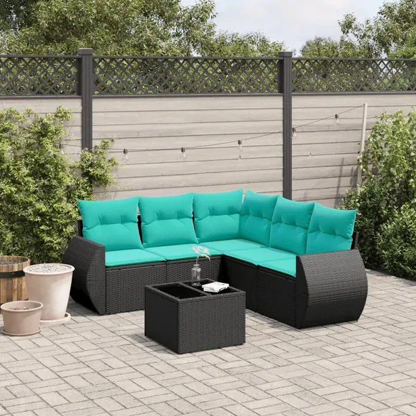 Ensemble de canapé de jardin 6 pcs avec coussins noir résine tressée
