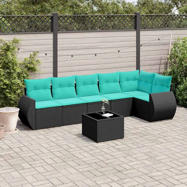 Ensemble de canapé de jardin 7 pcs avec coussins noir résine tressée
