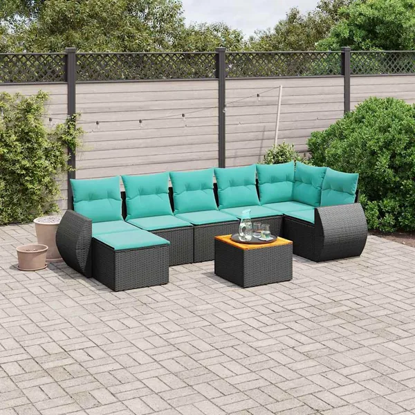 Ensemble de canapé de jardin 8 pcs avec coussins noir résine tressée