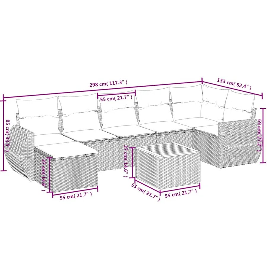 Ensemble de canapé de jardin 8 pcs avec coussins noir résine tressée - 9