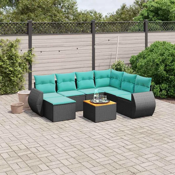 Ensemble de canapé de jardin 8 pcs avec coussins noir résine tressée