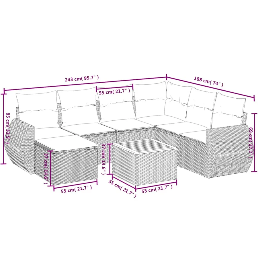 Ensemble de canapé de jardin 8 pcs avec coussins noir résine tressée - 9