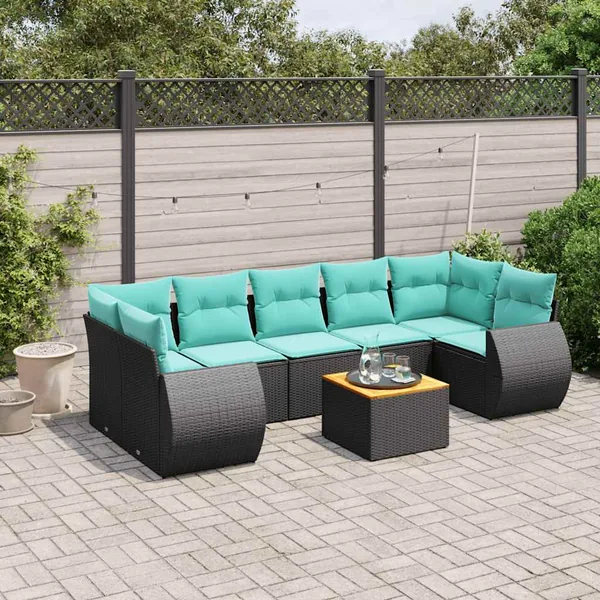Ensemble de canapé de jardin 8 pcs avec coussins noir résine tressée