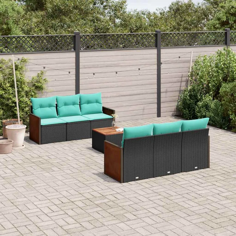 Ensemble de canapé de jardin 7 pcs avec coussins noir résine tressée