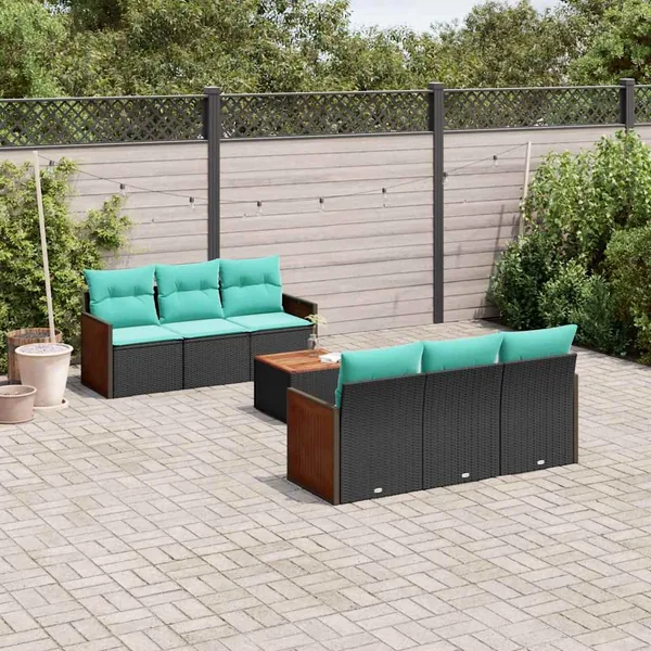 Ensemble de canapé de jardin 7 pcs avec coussins noir résine tressée