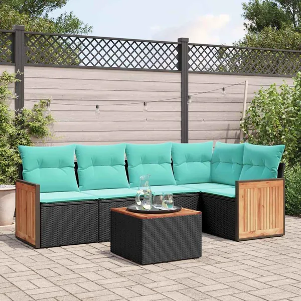 Ensemble de canapé de jardin 6 pcs avec coussins noir résine tressée