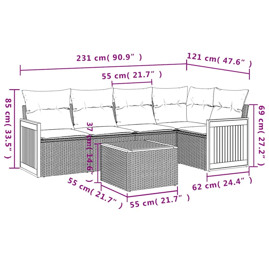 Ensemble de canapé de jardin 6 pcs avec coussins noir résine tressée - 8
