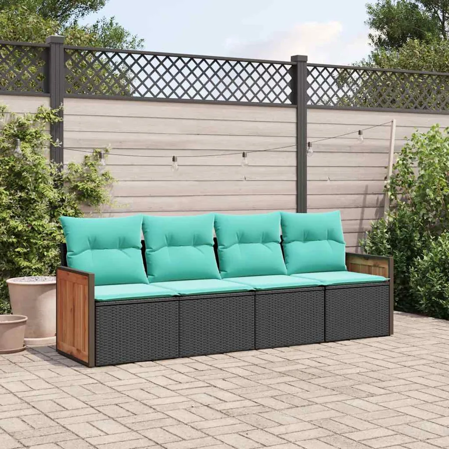 Salon de jardin 4 pcs avec coussins noir résine tressée