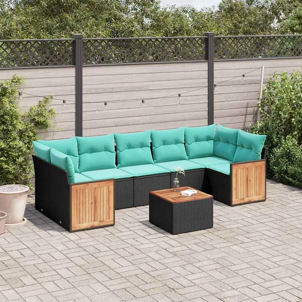 Ensemble de canapé de jardin 8 pcs avec coussins noir résine tressée