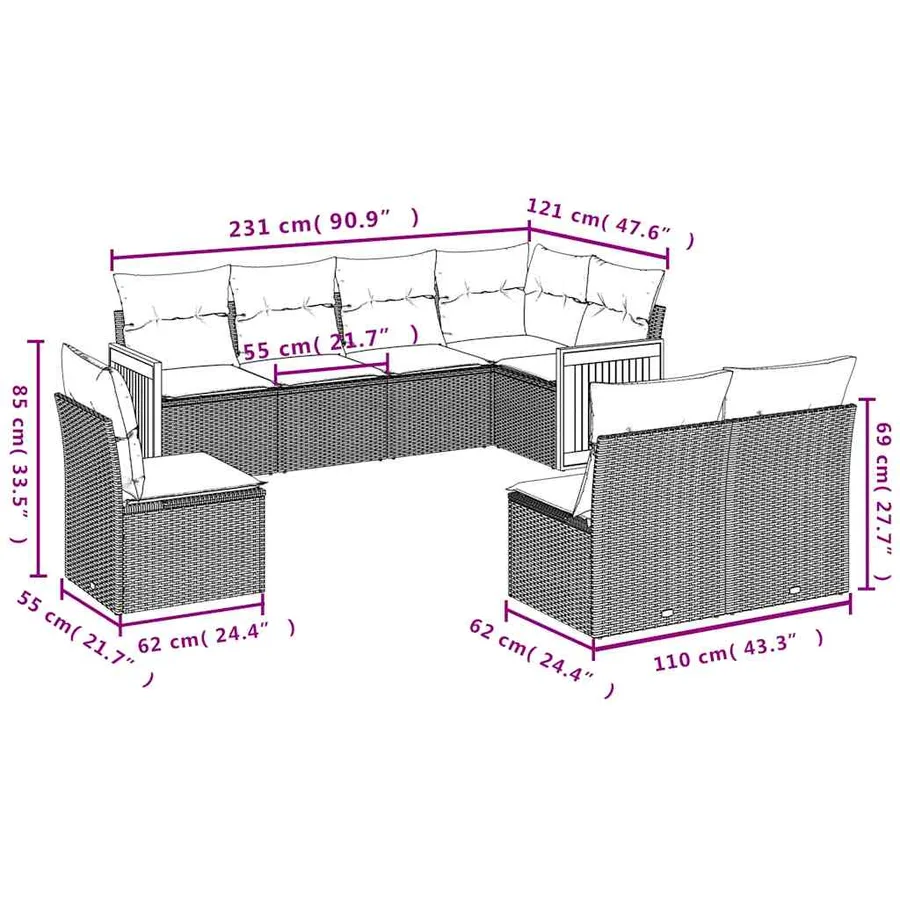 Salon de jardin 8 pcs avec coussins noir résine tressée - 7