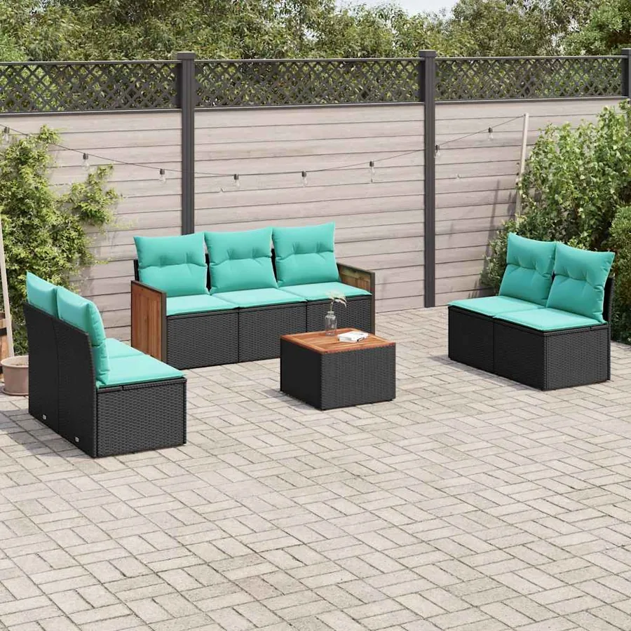 Ensemble de canapé de jardin 8 pcs avec coussins noir résine tressée