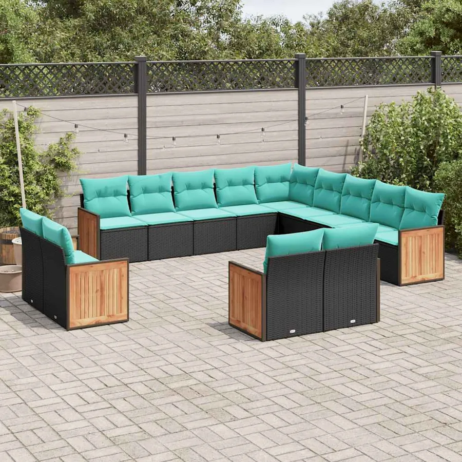 Ensemble de canapé de jardin 13 pcs avec coussins noir résine tressée