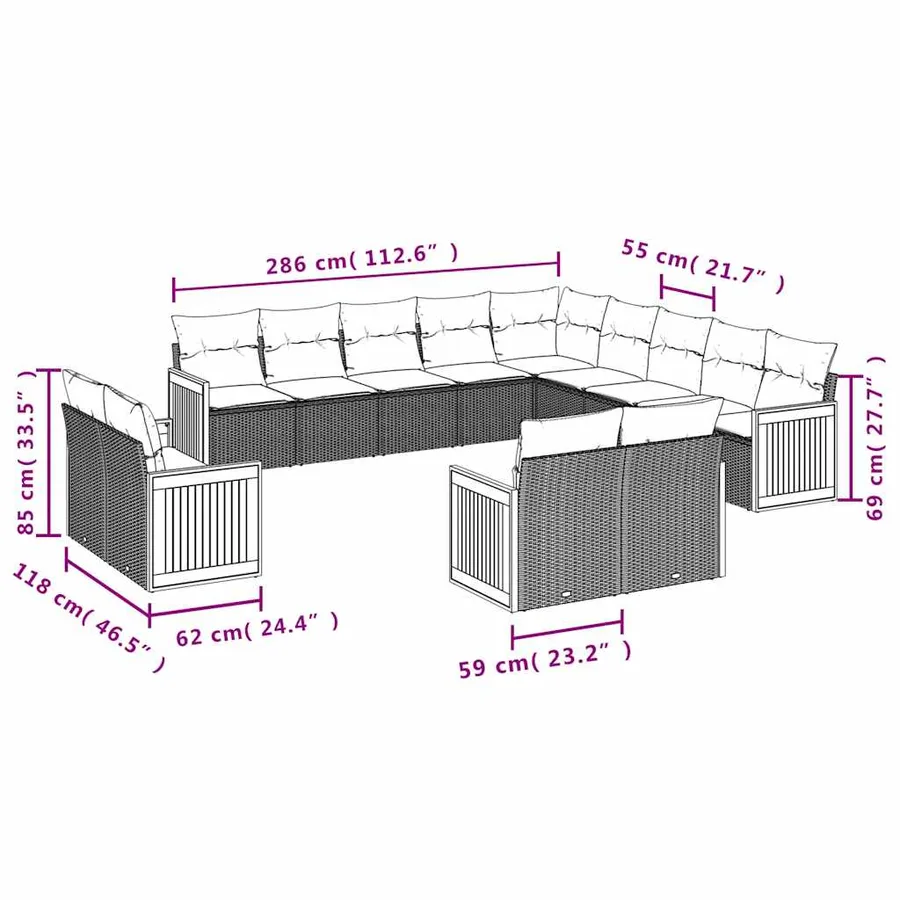 Ensemble de canapé de jardin 13 pcs avec coussins noir résine tressée - 7