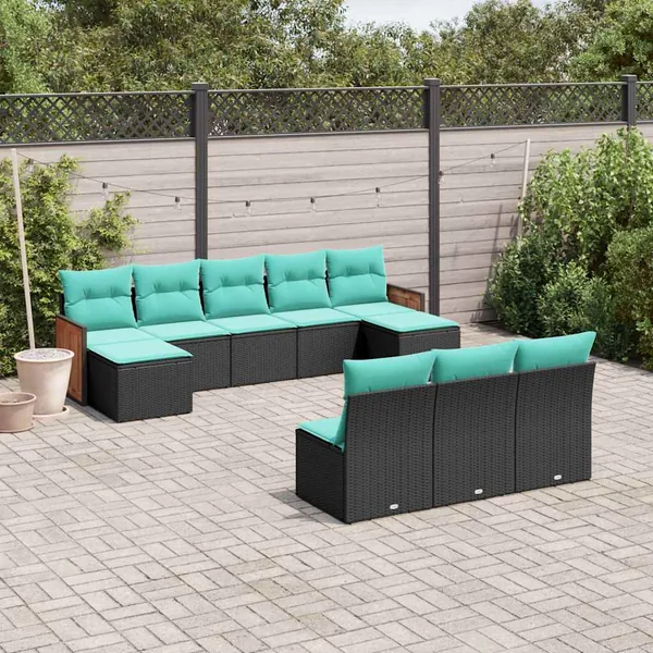 Salon de jardin 10 pcs avec coussins noir résine tressée