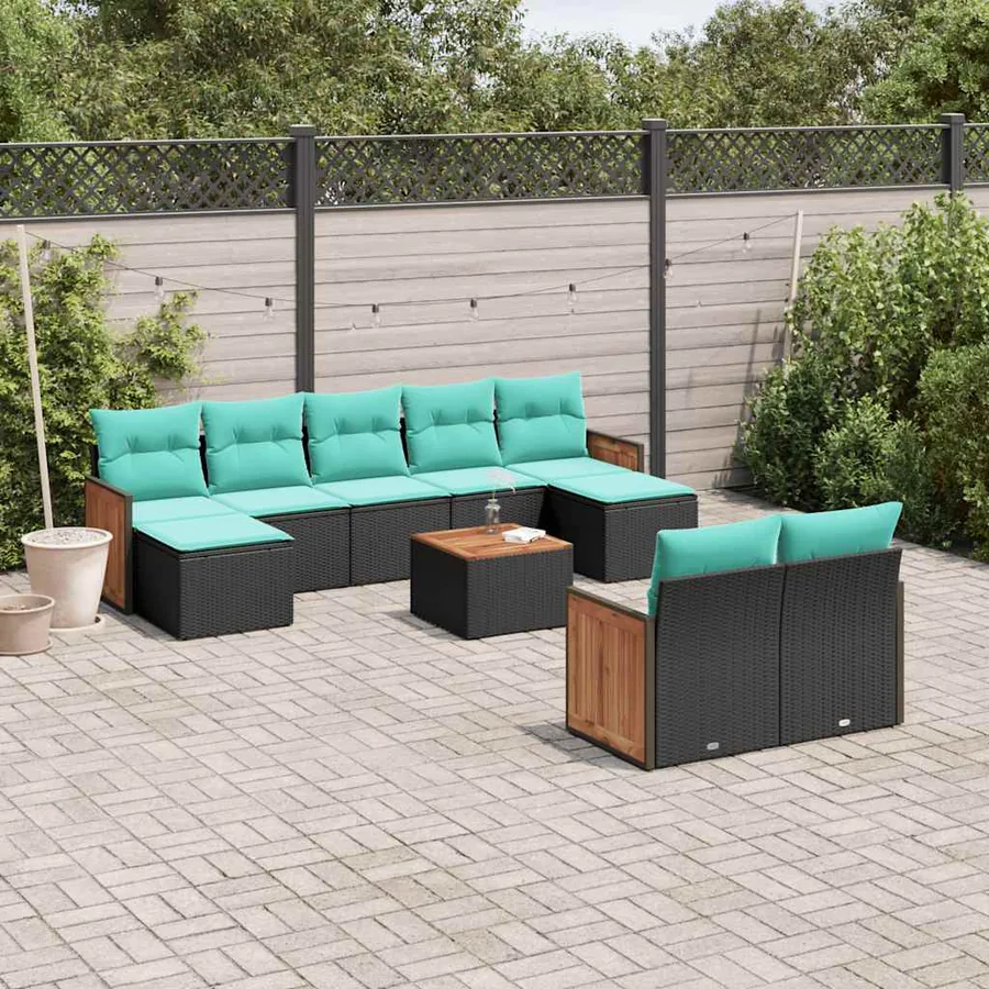 Ensemble de canapé de jardin 10 pcs avec coussins noir résine tressée