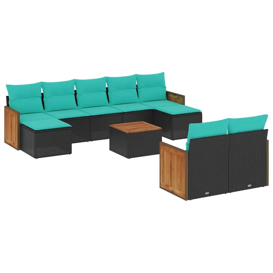 Ensemble de canapé de jardin 10 pcs avec coussins noir résine tressée - 2