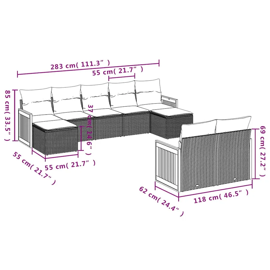 Ensemble de canapé de jardin 10 pcs avec coussins noir résine tressée - 8
