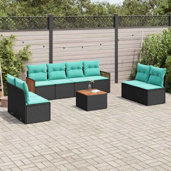 Ensemble de canapé de jardin 9 pcs avec coussins noir résine tressée