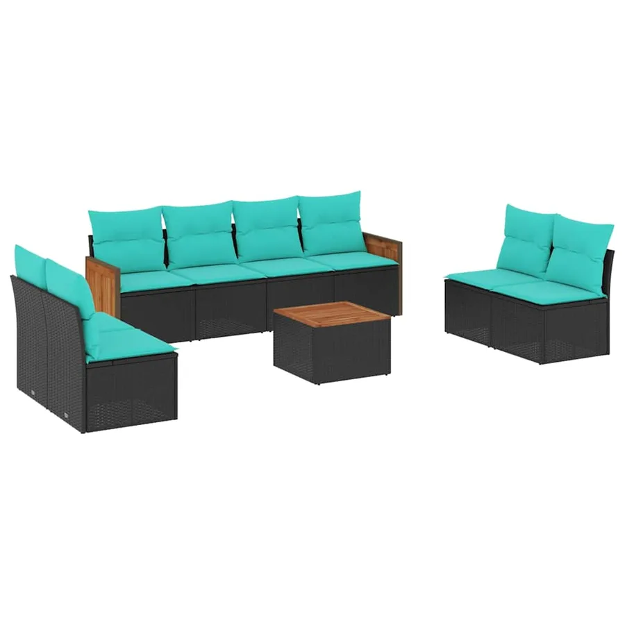 Ensemble de canapé de jardin 9 pcs avec coussins noir résine tressée - 2