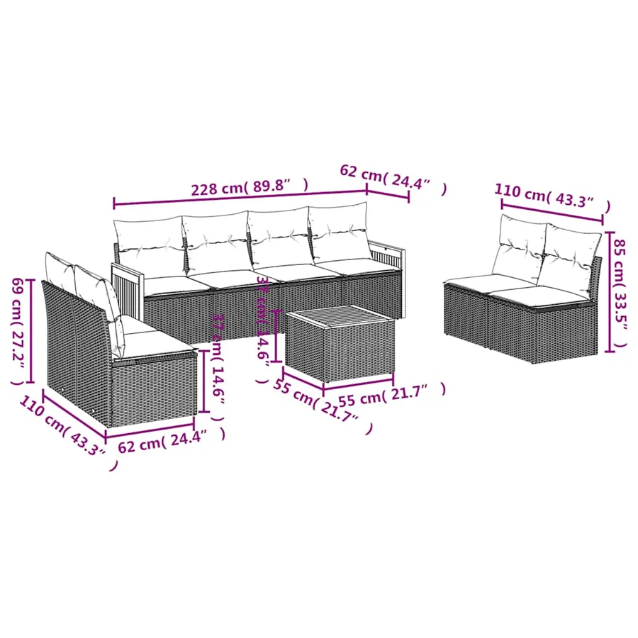 Ensemble de canapé de jardin 9 pcs avec coussins noir résine tressée - 7