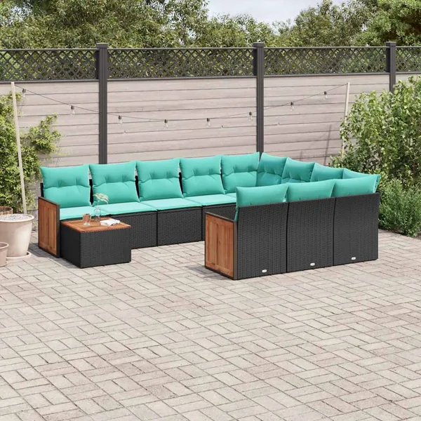 Ensemble de canapé de jardin 11 pcs avec coussins noir résine tressée