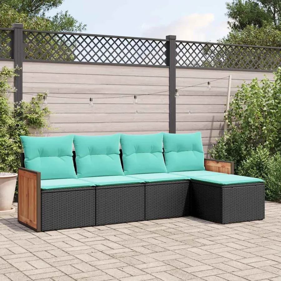 Salon de jardin 5 pcs avec coussins noir résine tressée