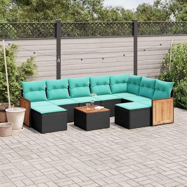 Ensemble de canapé de jardin 10 pcs avec coussins noir résine tressée
